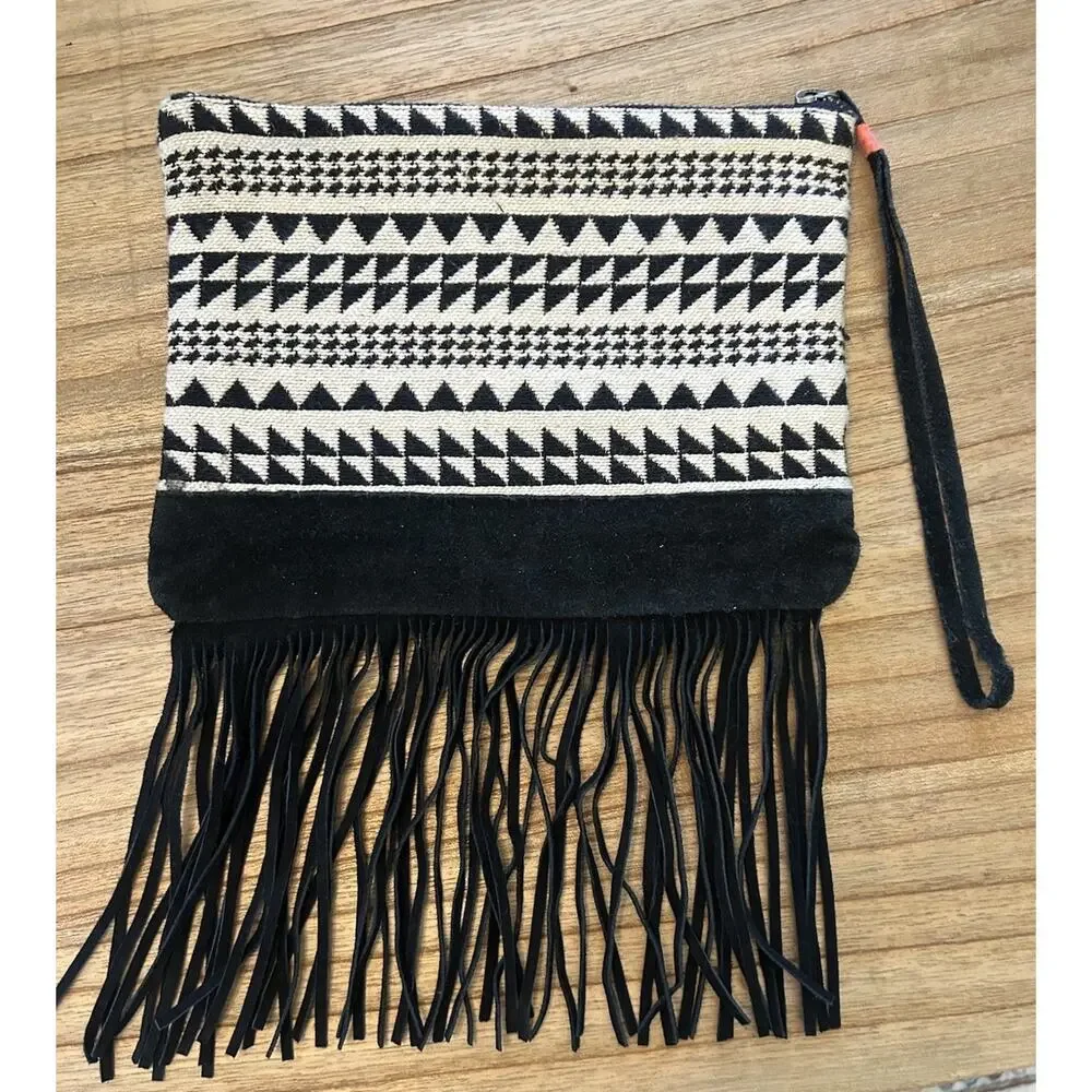 American Eagle Outfitters Southwestern Print Black Suede Wristlet Festival Purse